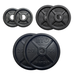 MYO Strength Olympic cast iron plates shown in pairs