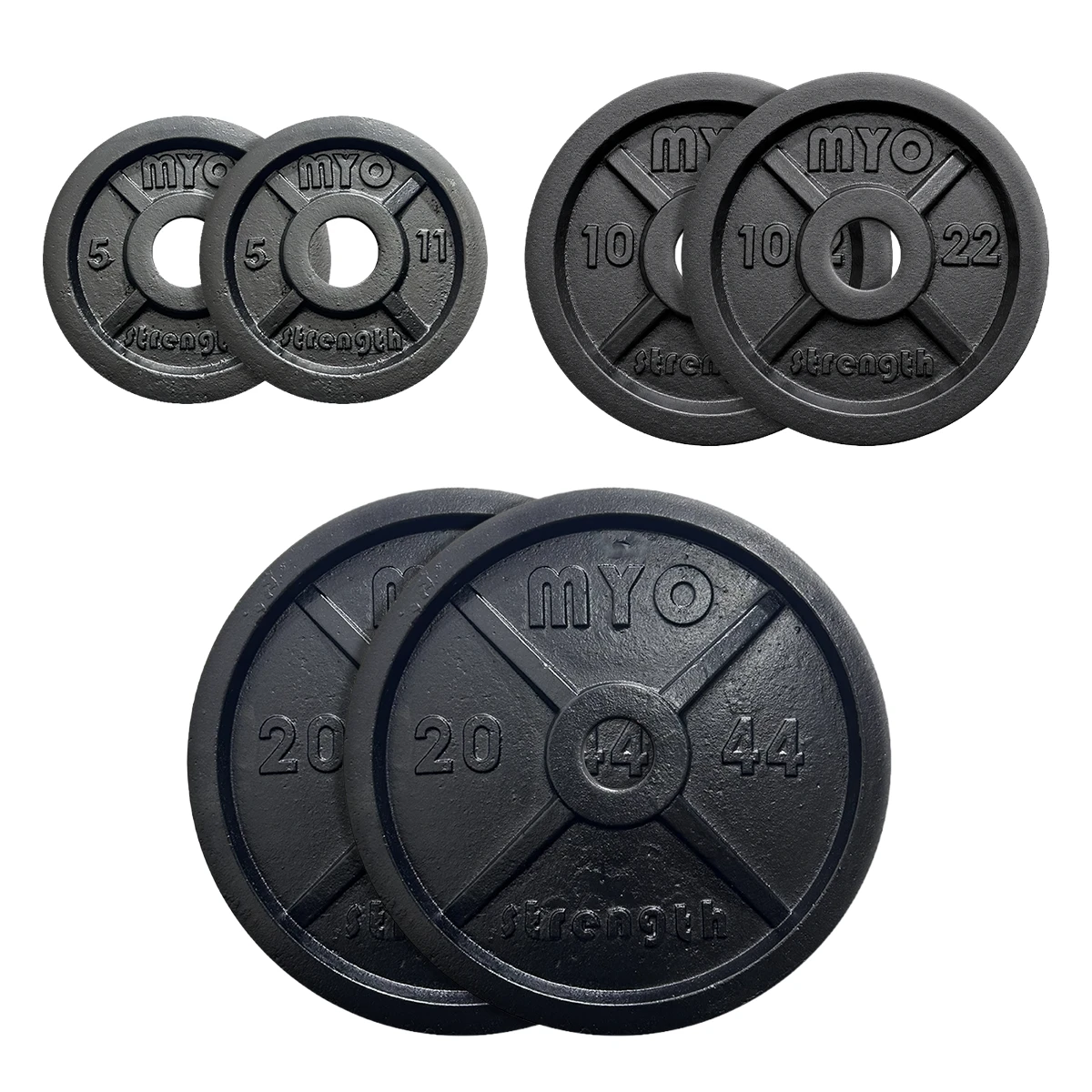 MYO Strength Olympic cast iron plates shown in pairs