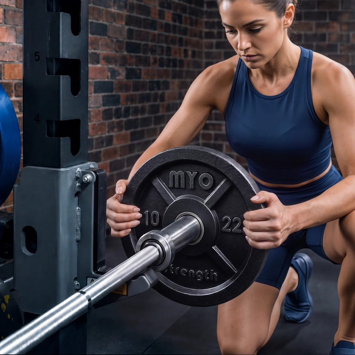MYO Strength Olympic cast iron plate being loaded onto a barbell