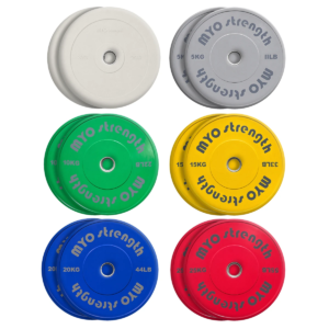 MYO Strength coloured Olympic bumper plates shown as a pair with multiple weight options