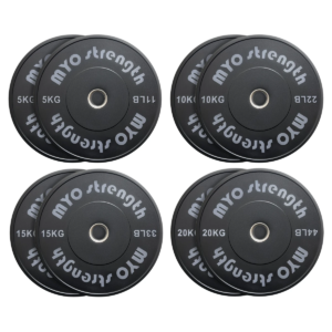 MYO Strength Olympic rubber bumper plates shown in pairs