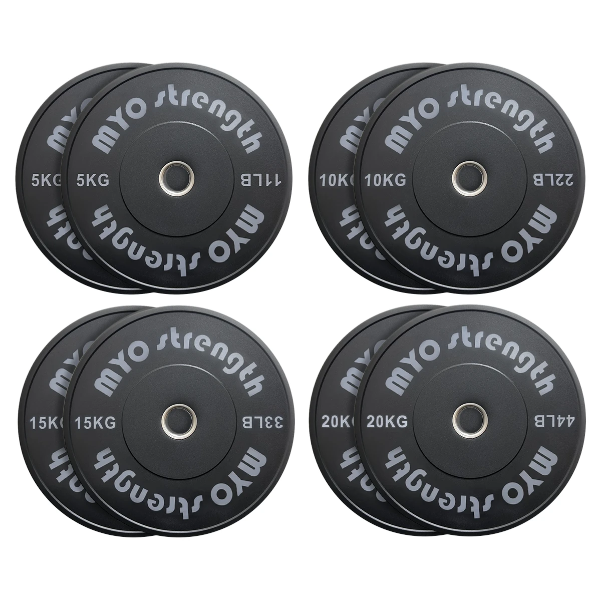 MYO Strength Olympic rubber bumper plates shown in pairs