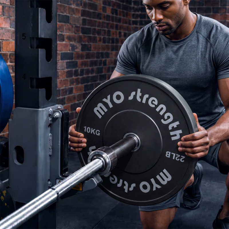 MYO Strength 10kg Olympic rubber bumper plate being loaded onto a barbell