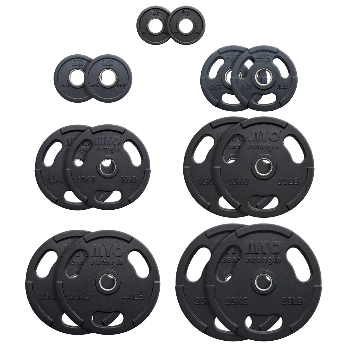 MYO Strength Olympic rubber plates shown in pairs