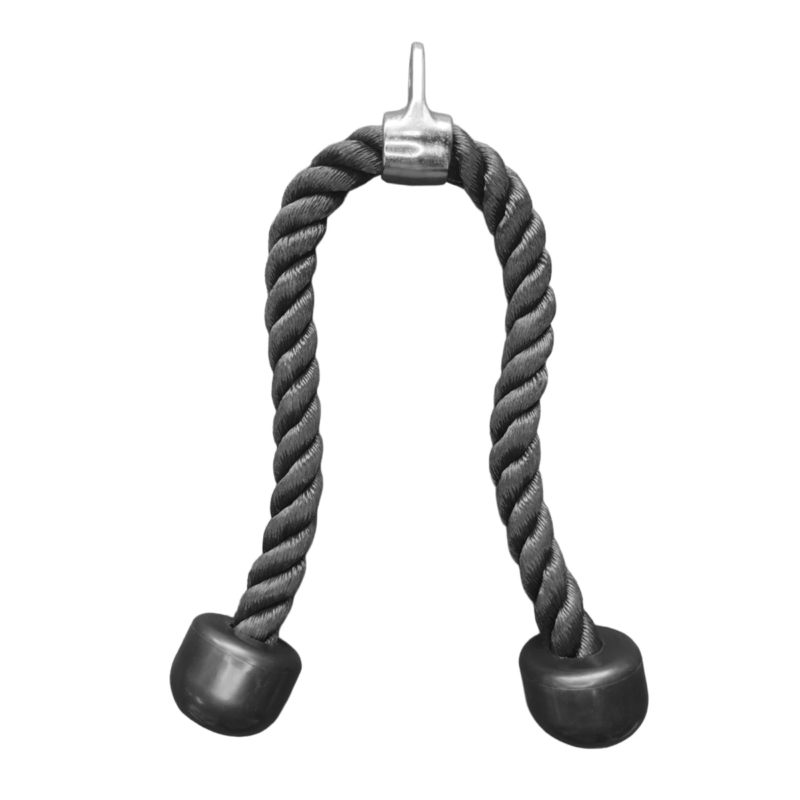 MYO Strength tricep rope extension attachment with black braided rope, rubber end stops and silver metal connector on a white background.