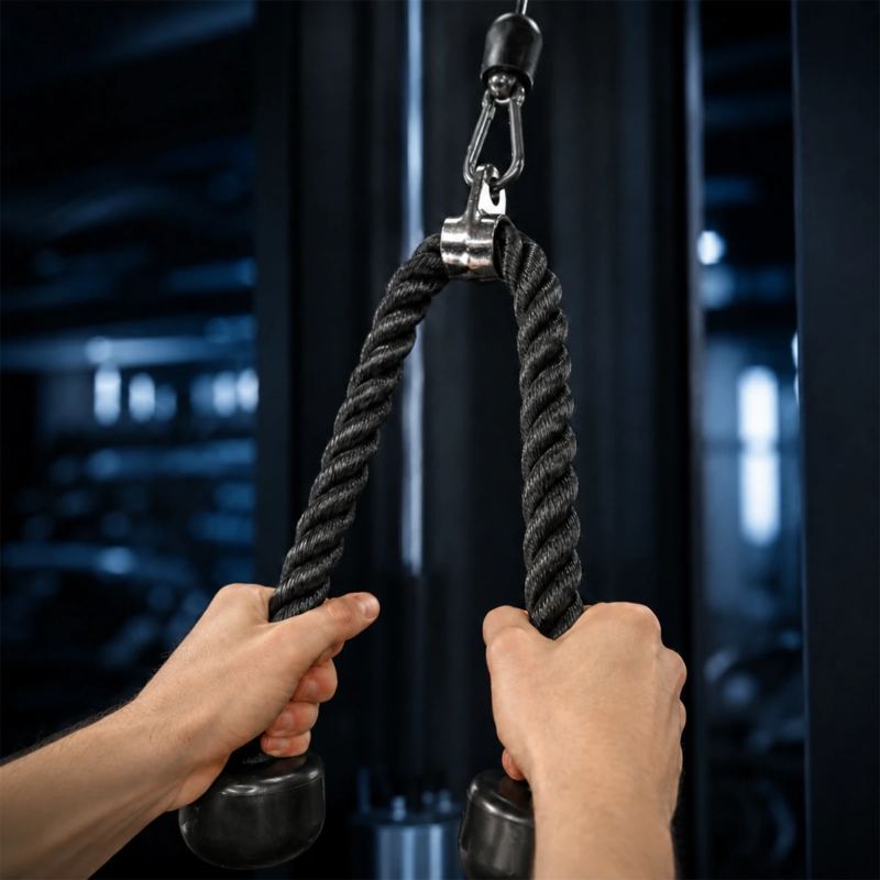 MYO Strength tricep rope extension attachment being used on a cable machine, showing the black braided rope grip and rubber end stops in a gym setting.