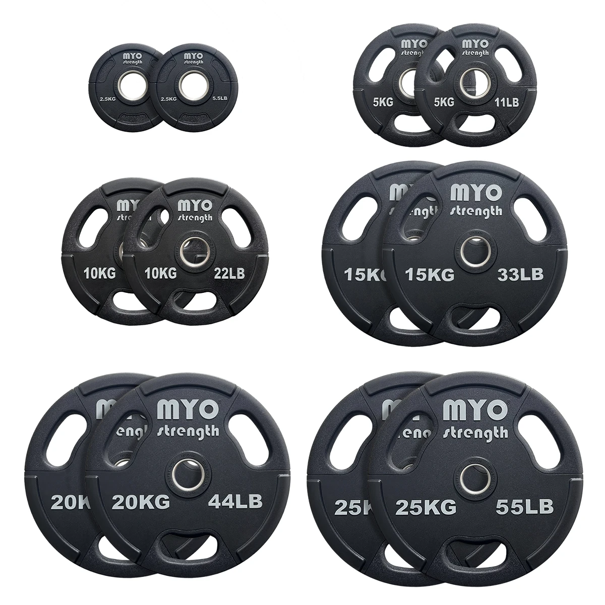 MYO Strength Olympic urethane plates shown in pairs