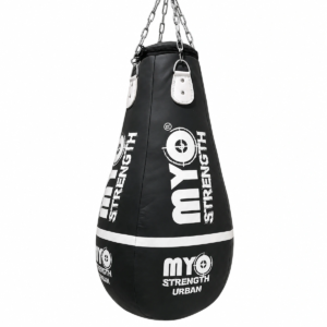 MYO Strength 3.5ft Uppercut Leather Punch Bag in black and white with hanging chains