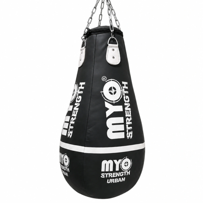 MYO Strength 3.5ft Uppercut Leather Punch Bag in black and white with hanging chains