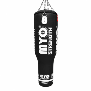 MYO Strength 4ft Angle Leather Punch Bag in black with white branding and hanging chains