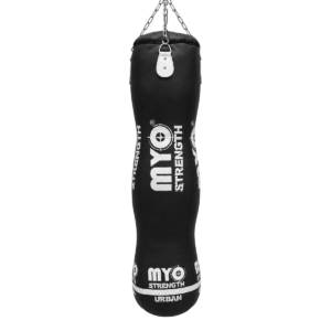 MYO Strength 5ft Triple Leather Punch Bag in black with red and white target graphics
