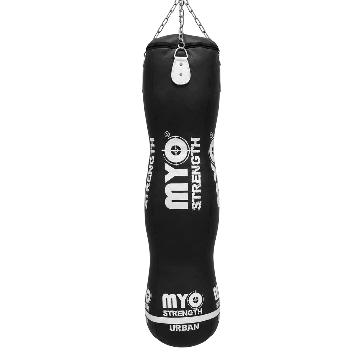 MYO Strength 5ft Triple Leather Punch Bag in black with red and white target graphics
