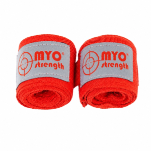 MYO Strength red cotton hand wraps with grey logo patch