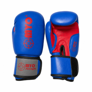 MYO Strength leather boxing gloves in blue and red