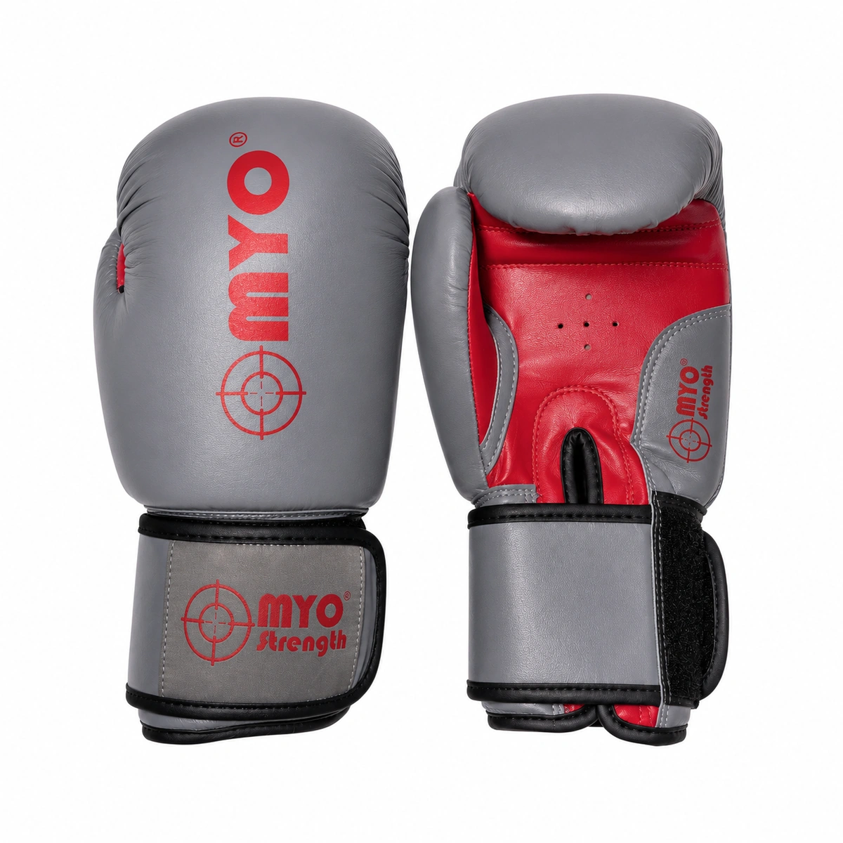 MYO Strength leather boxing gloves in red and grey