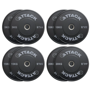 Attack Fitness Olympic solid rubber bumper plates shown in pairs