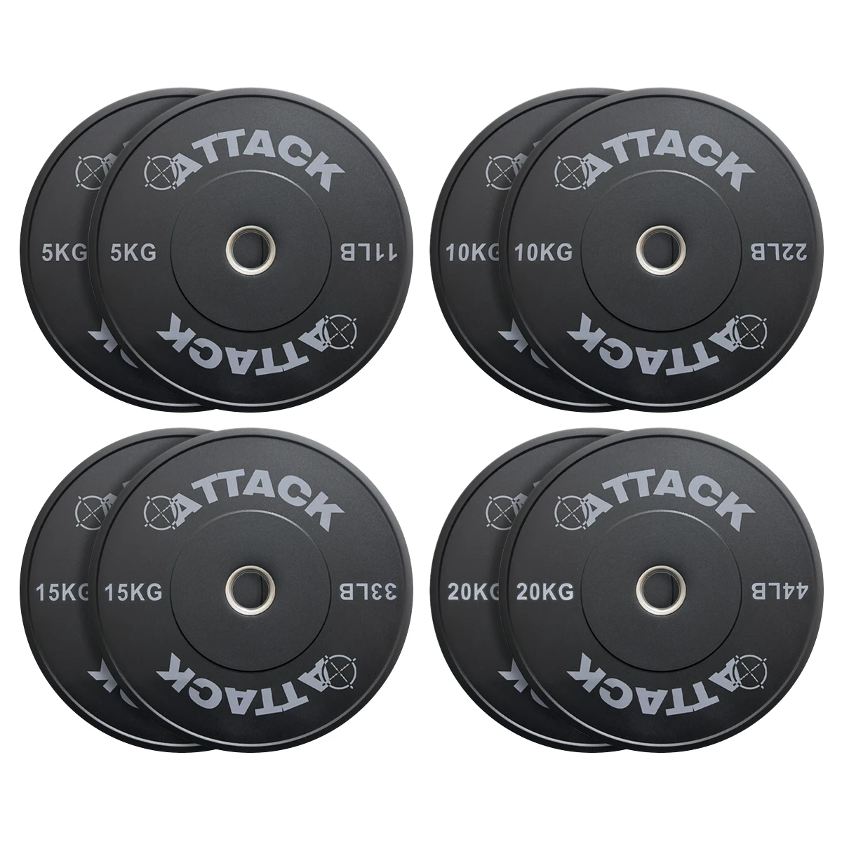 Attack Fitness Olympic solid rubber bumper plates shown in pairs