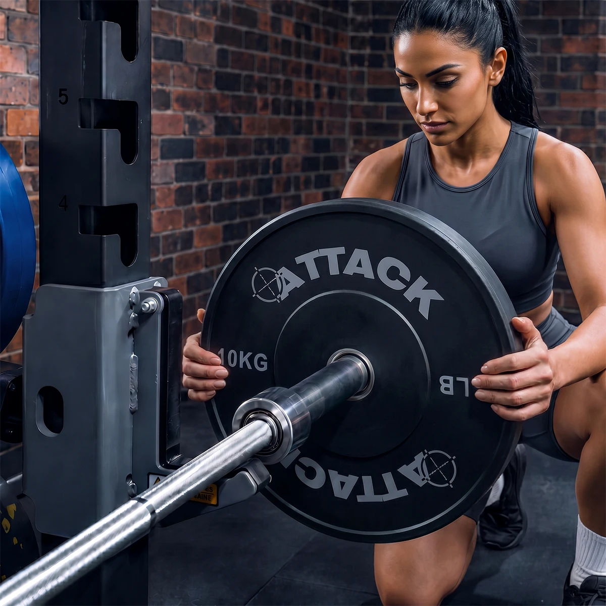 Attack Fitness 10kg Olympic solid rubber bumper plate being loaded onto a barbell