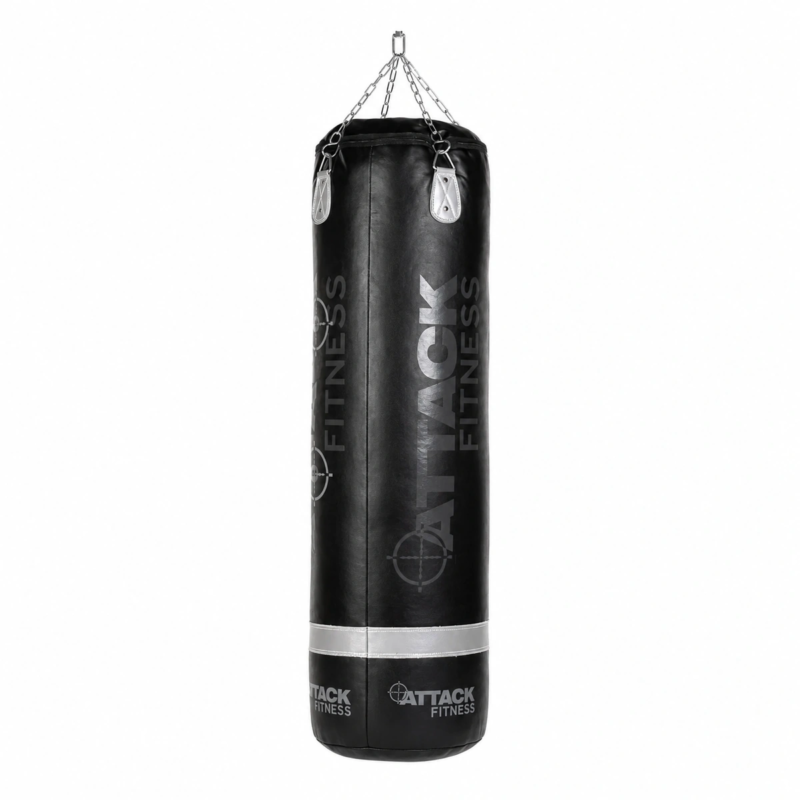 Attack Fitness 5ft Heavy Duty Leather Punch Bag in black and graphite grey with hanging chains