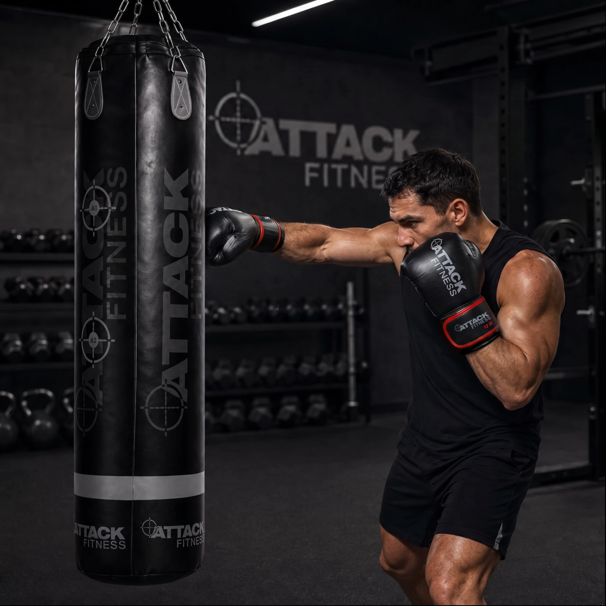 Person training with Attack Fitness leather boxing gloves on a punch bag