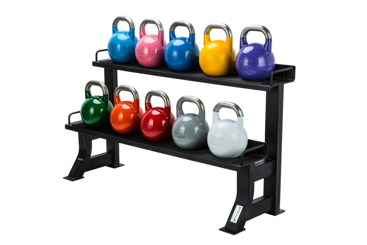 Competition-Kettlebell-Complete-Set-with-Rack-scaled-1.jpg MYO Strength Competition Kettlebell Full Set with colour coded weights for easy identification, the MYO Strength Competition Kettlebells are perfect to fit in any commercial or home environment.