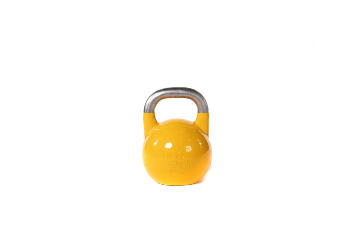 MYO Strength 16kg Competition Kettlebell with colour coded weights for easy identification, the MYO Strength Competition Kettlebells are perfect to fit in any commercial or home environment.