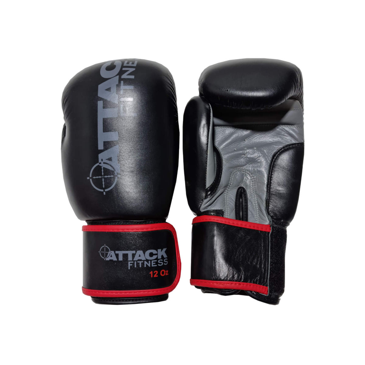 Attack Fitness Boxing Gloves - Leather - Black/Grey/Red Trim - 12oz