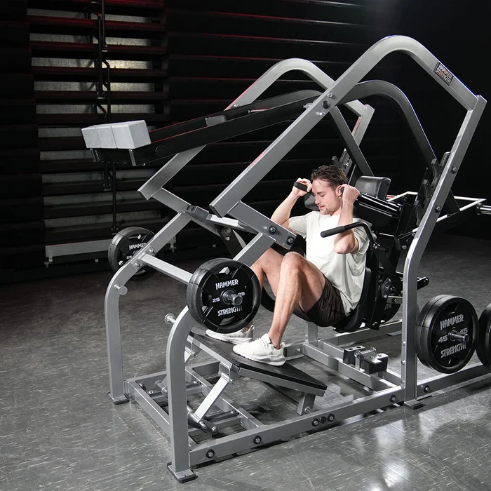 Hammer Strength Plate Loaded Pendulum-X Squat machine in charcoal frame and black upholstery Lifestyle