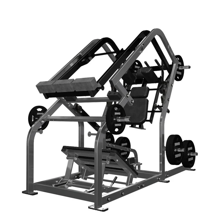Hammer Strength Plate Loaded Pendulum-X Squat machine in charcoal frame and black upholstery