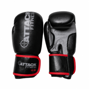 Attack Fitness leather boxing gloves 12oz in black and grey with red trim