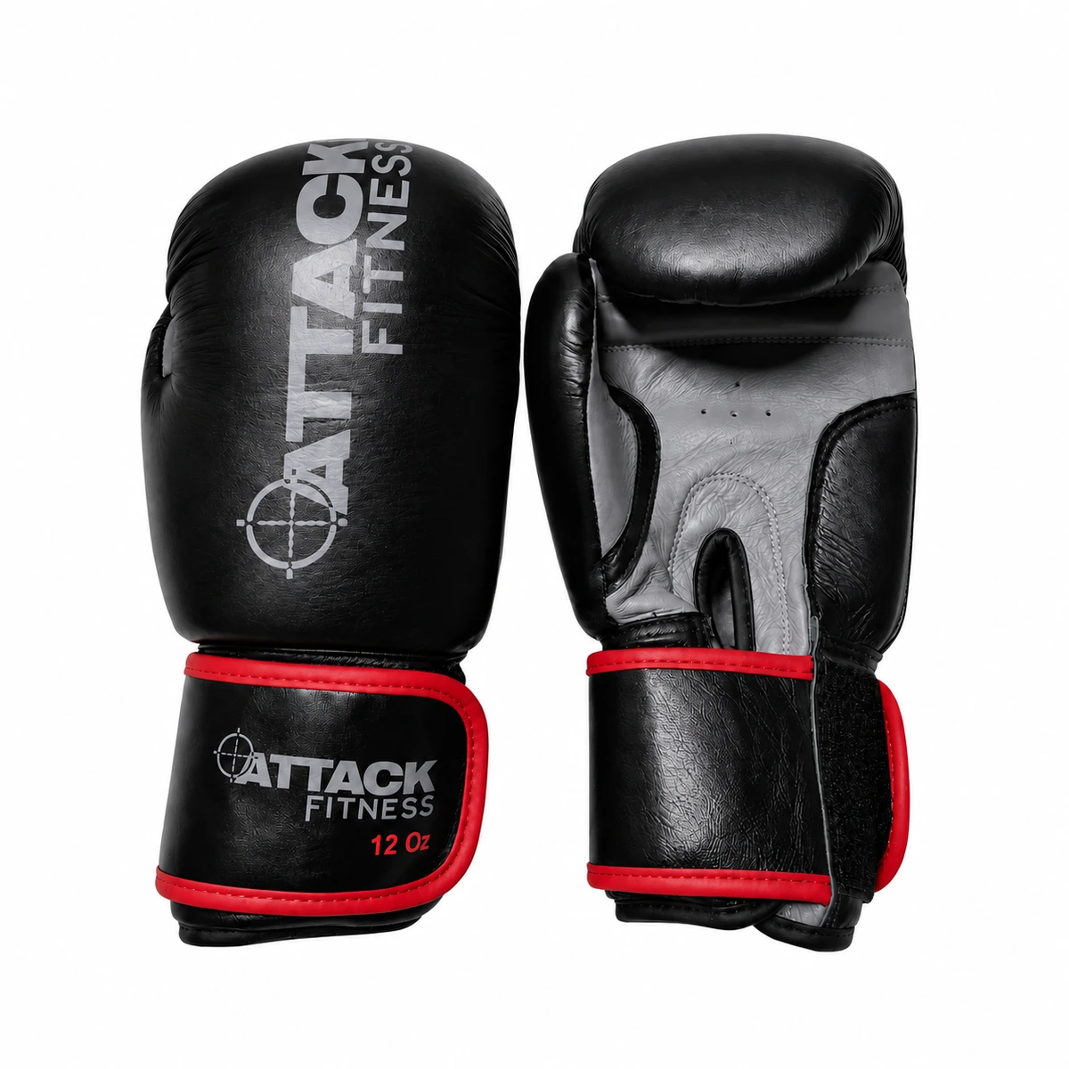 Attack Fitness leather boxing gloves 12oz in black and grey with red trim