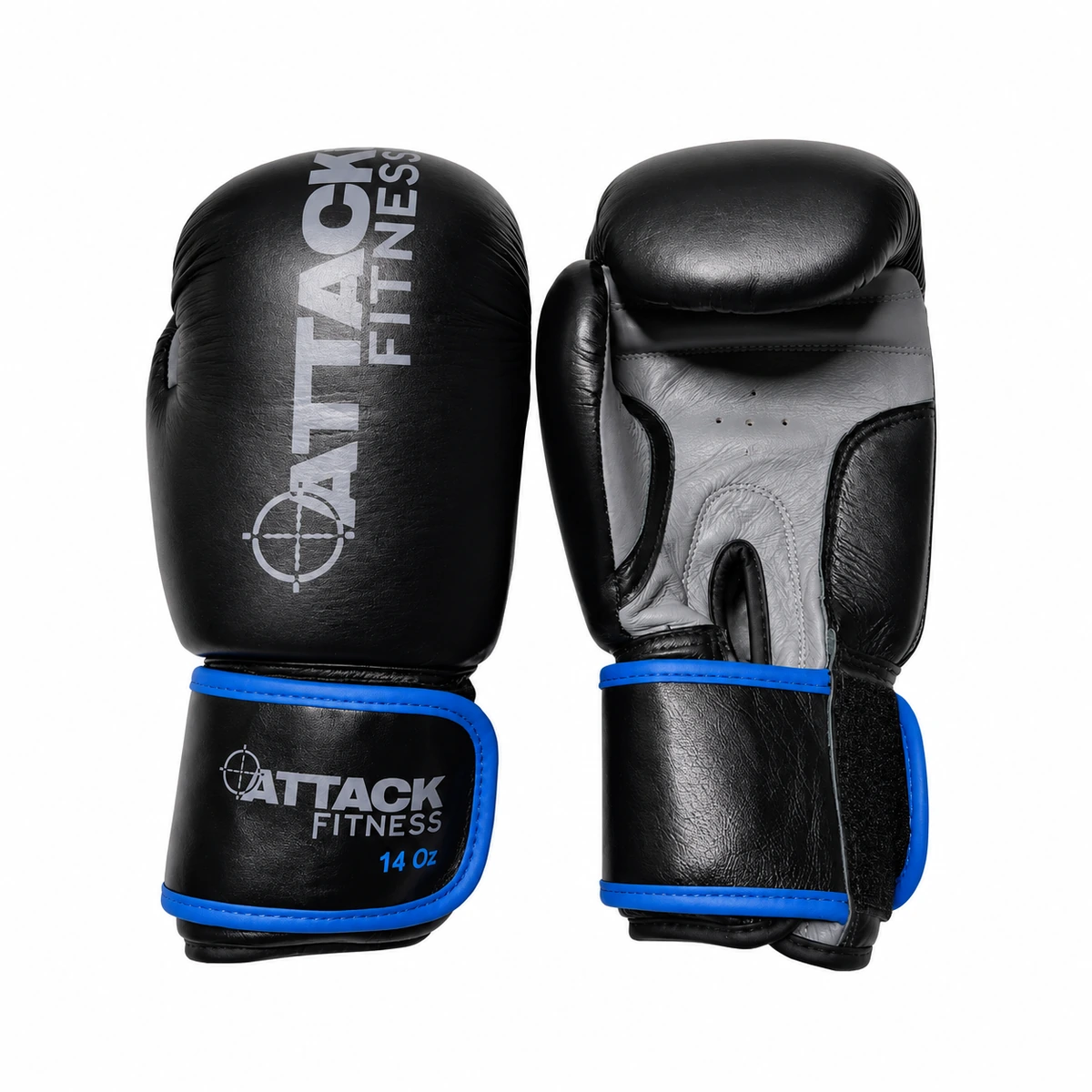 Attack Fitness leather boxing gloves 14oz in black and grey with blue trim