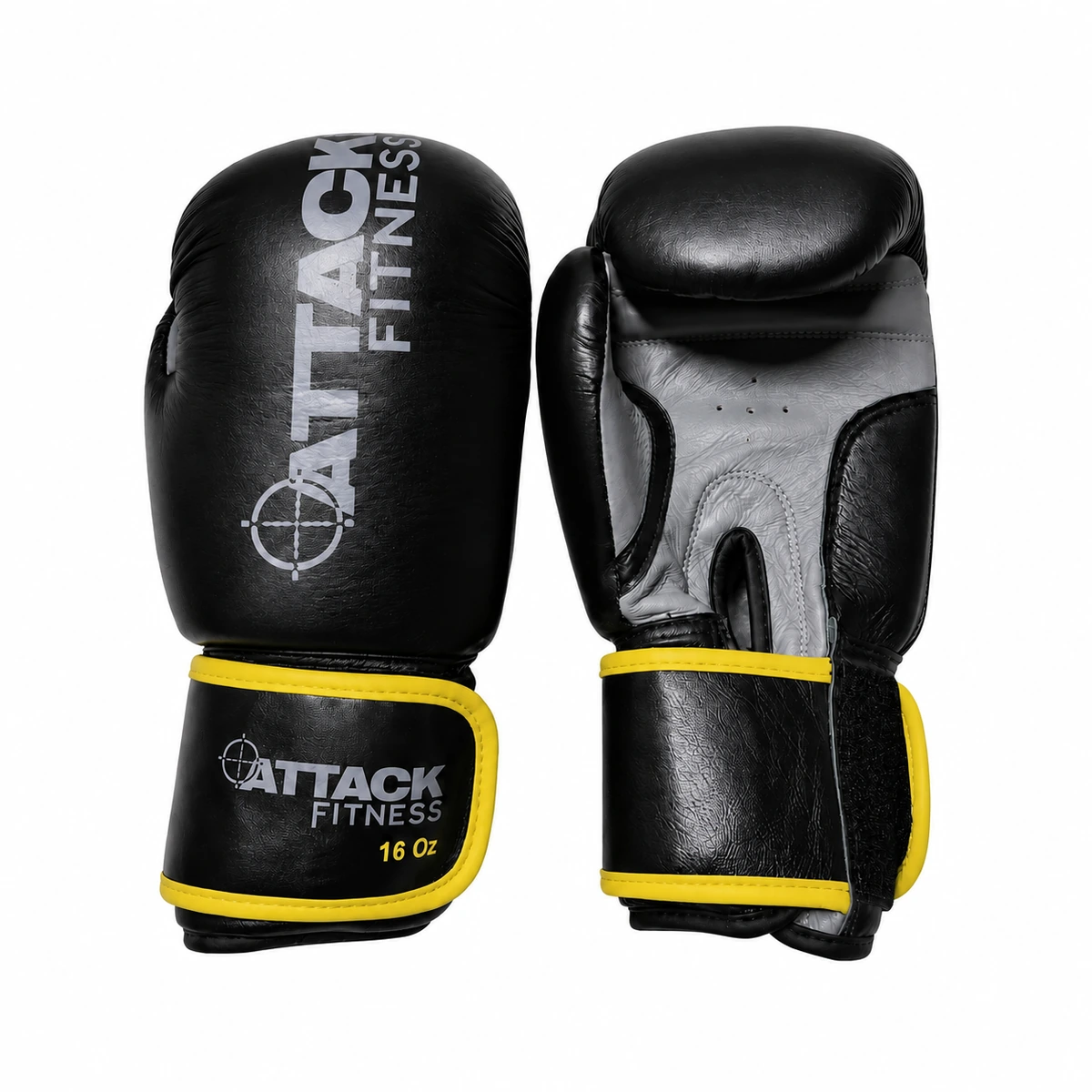Attack Fitness leather boxing gloves 16oz in black and grey with yellow trim