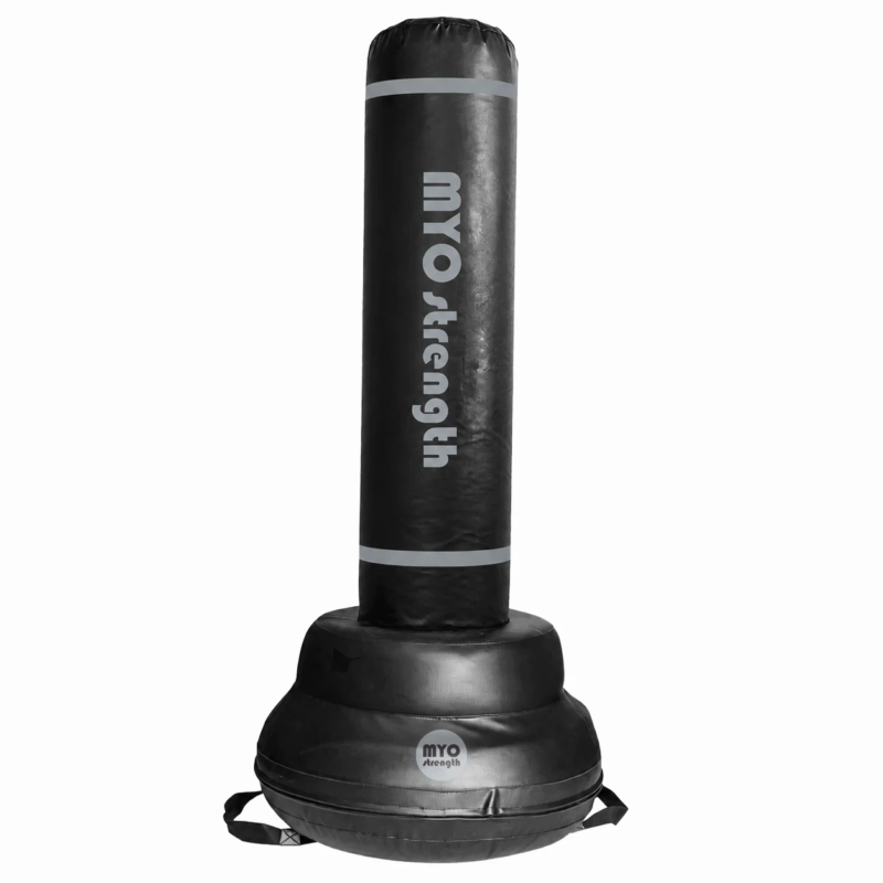 MYO Strength Free Standing Leather Punch Bag with black shock-absorbing base